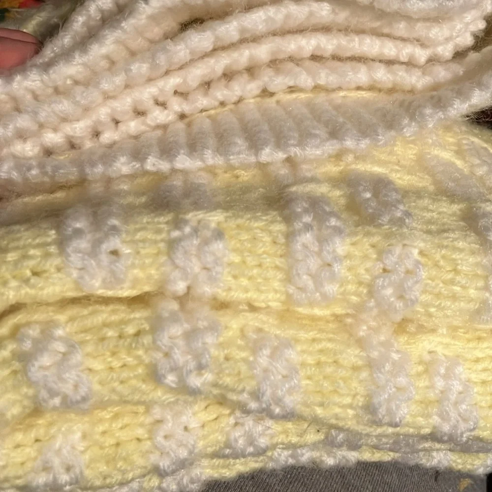 Hand knit pretty throw blanket / baby blanket lemon yellow and white wool blend